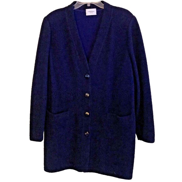 VTG Stizzoli Wool Long Cardigan Womens 18 Navy Boucle Knit Sweater Jacket Italy - Picture 1 of 14